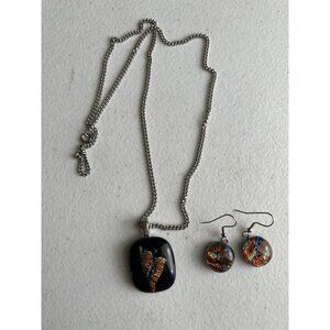 Dichroic Glass Pendant Necklace & Matching Earrings Black Multicolor Iridescent